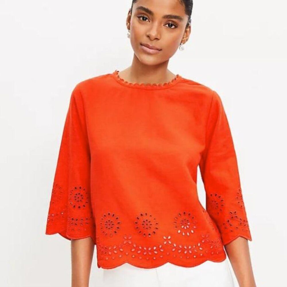 LOFT Embroidered Scalloped Linen-Blend Blouse - Size L - NWT